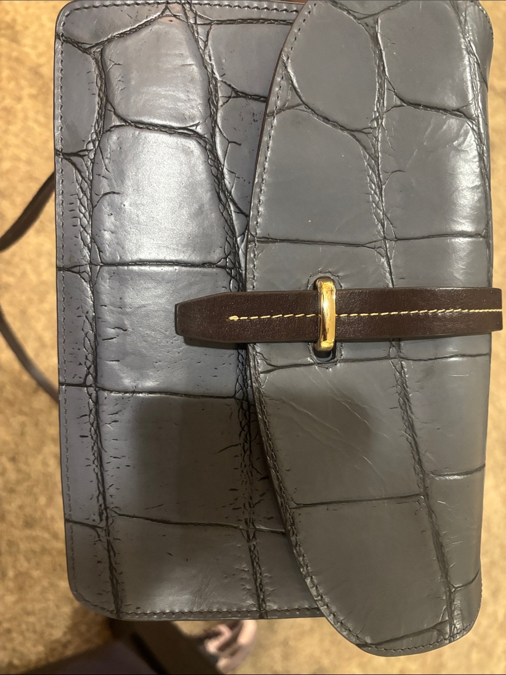Dooney & Bourke Gray Croc-Embossed Leather Messenger with Brown Strap